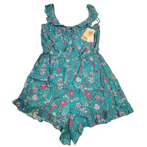 BeBop Juniors M Blue Floral Ruffled Hem & Shoulders Pull Up Romper Jumpsuit